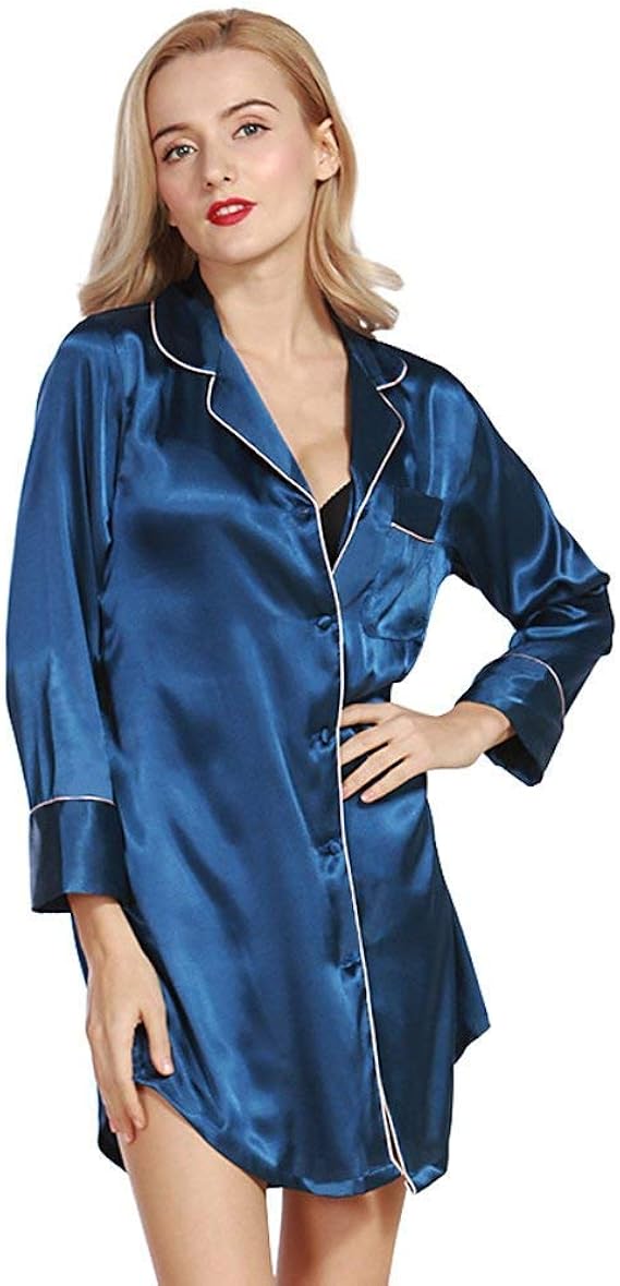 Nightgown Ladies Short Summer Long Sleeve V Neck Solid Classic Color