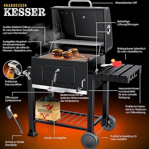 ® Barbecue con Carrello XL Barbecue a carbonella con Coperchio, Ruote, Manico in Acciaio Inox, griglia e termometro a carbonella,Grande Barbecue a carbonella Barbecue da Campeggio