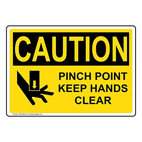 ComplianceSigns.com CAUTION Pinch Point Keep Hands Clear OSHA Label Decal, 5x3.5 inch 4-Pack Vinyl for Machinery, American Made Safety Signs for the Workplace