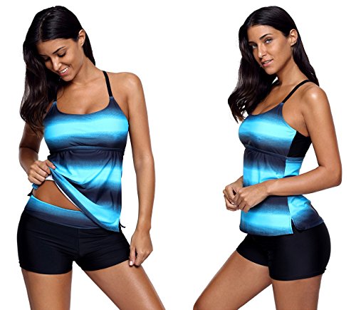Agreya Women Two Pieces Swimwear Tankini Top with Triangle Bikini Swimsuits (Blue Shadow, L)