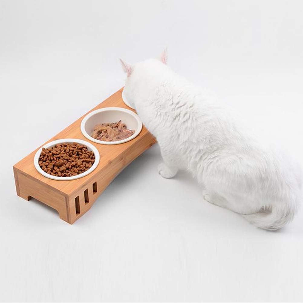 POPETPOP Solid Wood Pet Dining Table Bowl Pet Wooden Tilted Feeders Dog cat Anti-slip Three Bowl Cat Dish with Slope Stand(Heighten,Three Bowls) - Image 3
