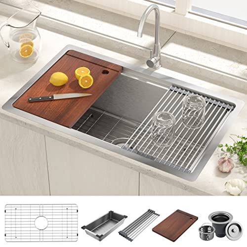 32 Inch Undermount Kitchen Sink - 304 SUS Stainless Steel Sink 16 Gauge Single Bowl Sink Drop In Workstation With Accessories Farmhouse Sink Under Counter or Top Counter (32 Inch)