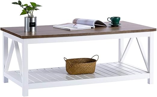 Amazon Com Choochoo Farmhouse Coffee Table With Wood Top For Living Room Rectangular White Table With Shelf 47 Inches Kitchen Dining