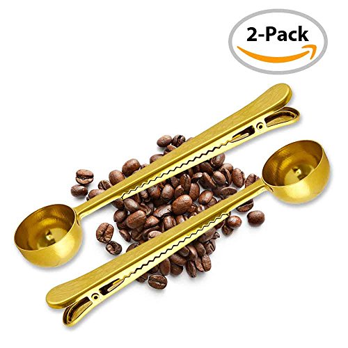Coffee Scoop Clip - 2 PACK - GOLD - Coffee Spoon Clip - Tea Scoop Bag Clip - Coffee Bag Clip Scooper
