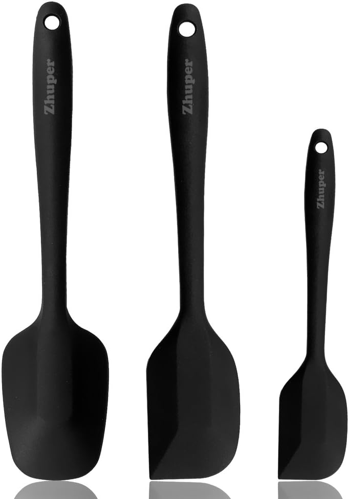 Zhuper Silicone Spatula, 3 Piece-Baking Spoon & Spatulas,Non-Stick,Heat Resistant Flexible Rubber Spatulas with Stainless Steel Core (Black)