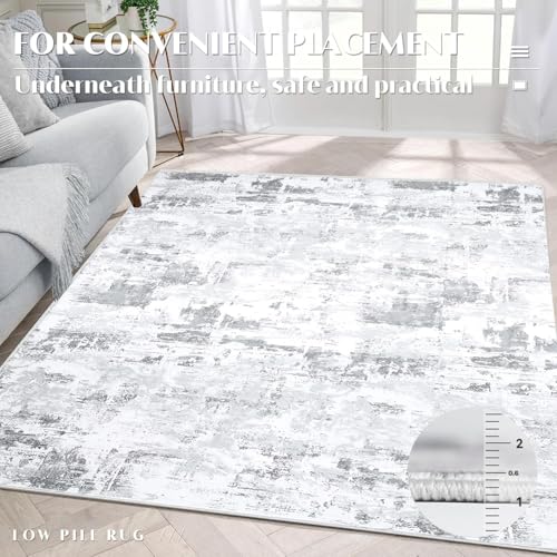 Heifgott Faux Wool Low Pile Rug Washable 160x230cm Stain Resistant Soft Living Room Bedroom Carpet Kitchen Laundry Non Slip Modern Abstract Carpet Soft Rug Classic Pattern Indoor Rug Easy Clean-Grey