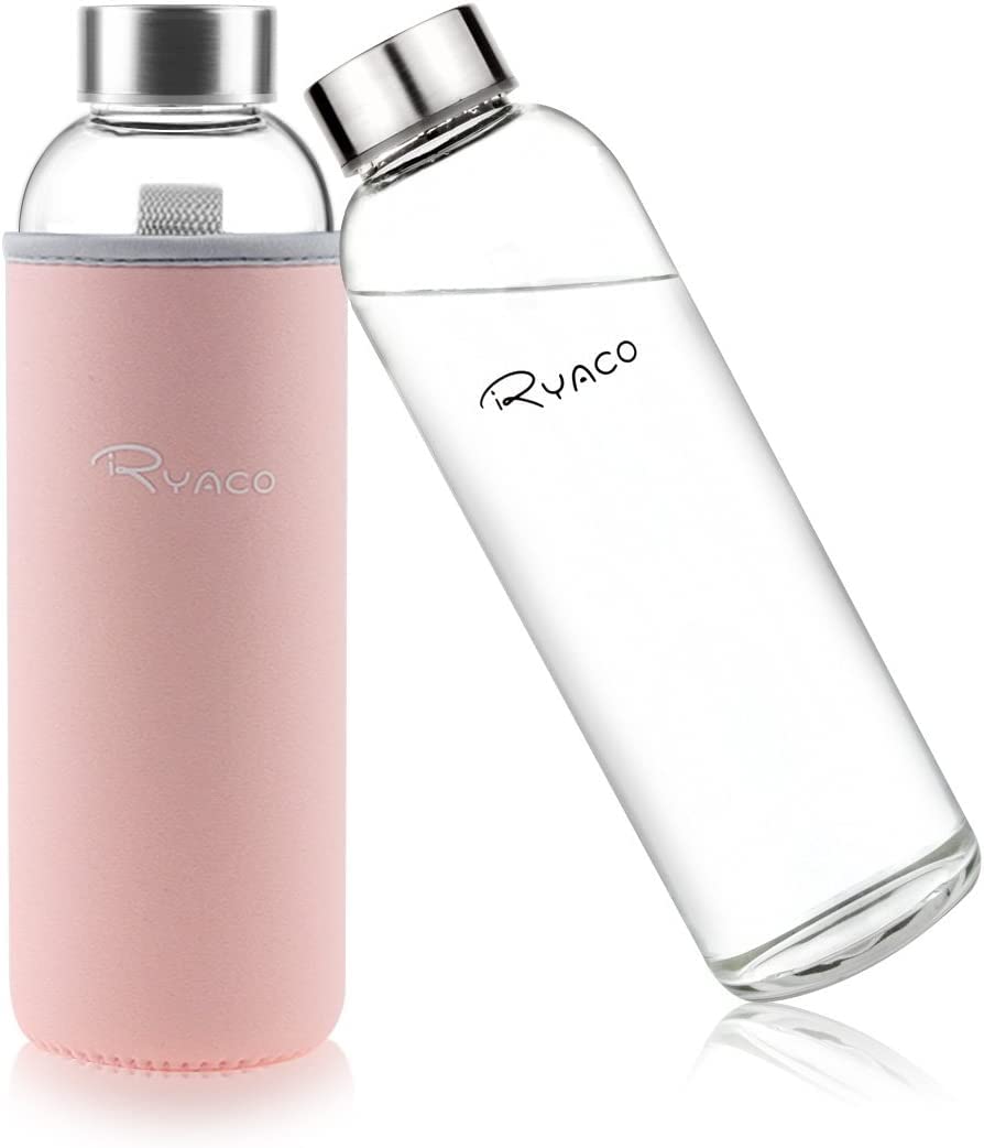 RYACO Glass Water Bottle 550ml/18oz,Borosilicate Glass Bottle with Neoprene Protective Case for Hot Cold Drinks,BPA-Free Leak Proof,Sport Water Bottles with Sponge Brush,Dishwasher Safe