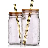 Capsule Classic Reusable Boba Bubble Tea & Smoothie Cups - 2 Glass Wide Mouth 32oz Mason Jars with Bamboo Lids - 2 Reusable Gold Stainless Steel Boba Straws