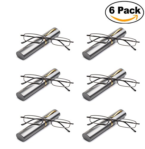 Newbee Fashion - Ultra Slim Compact Unisex Light Weight Spring Temple Reading Glasses w/ Portable Pocket Clip Aluminum Case 2 Pack