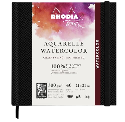Rhodia 116161C - Rhodia Touch Watercolor Book, 100% cotton satin grain paper 300g - 21x21 cm, 40 pages sewn, stiff edged brochure, Black
