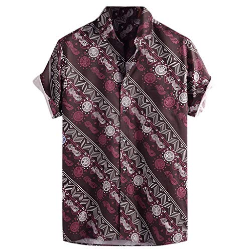 Mens Print Hawaiian Breathable Casual Short Sleeve Button Down Loose Shirts Fashion Summer Beach Tees Tops (Red, L)