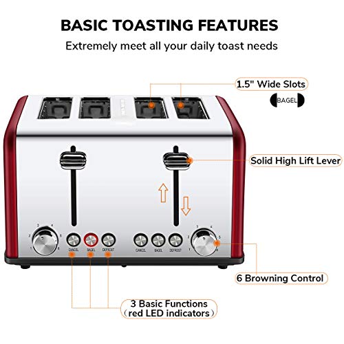 4 Slice Toaster, CUSIBOX Extra Wide Slots Stainless Steel Four Slice Toaster, BAGEL/DEFROST/CANCEL Function, 1650W, Red - Thumbnail 5