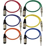 GLS Audio 2ft Patch Cable Cords - XLR Male to 1/4" TRS Color Cables - 2' Balanced Snake Cord - 6 Pack