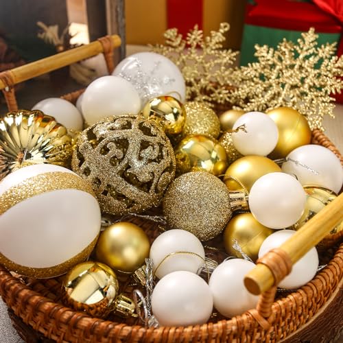 LOVEINUSA 100PCS Christmas Ball Ornament Set, Shatterproof Christmas Tree Balls Assorted Hanging Baubles Snowflakes for Xmas Tree Wreath Christmas Party Wedding