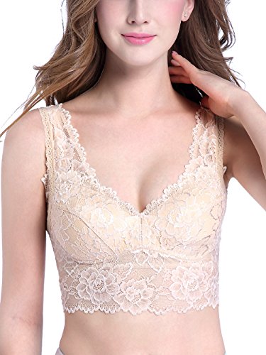 Intimate Portal Women Madison Lace Bra - Full Coverage Lightly Padded Wire Free Bralette Beige 36C
