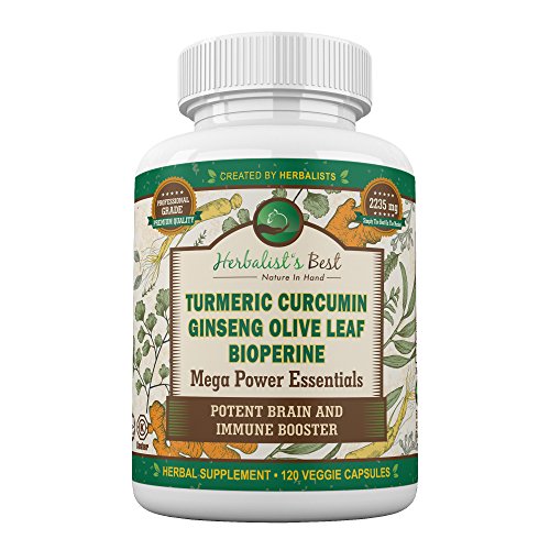 Turmeric Curcumin Ginseng Olive Leaf Bioperine 2235mg/day Mega Power Essential Extract by Herbalist's Best 95% Curcuminoids 100% Natural Immune Booster Anti Inflammatory Anti Aging Antioxidant