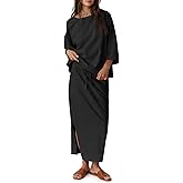 Tankaneo Womens 2 Piece Skirt Sets Oversized 3/4 Sleeve Top and Maxi Skirt Fall Matching Outfits Travel Vacation Set