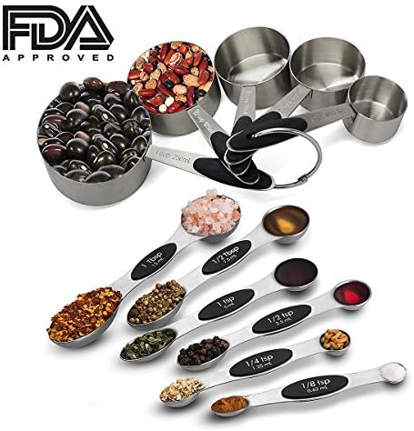 stainless steel measuring spoons and stainless steel measuring cups， 11 measuring spoons and measuring cups set， 5 kitchen measuring cups and 6 Double-sided magnetic measuring spoons
