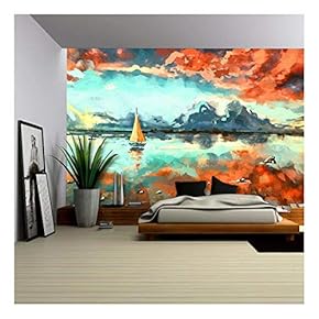 Digital Painting of Boat in The Ocean at Sunset. Rastr Stock Llustration - Removable Wall Mural | Self-Adhesive Large Wallpaper - 66x96 inches