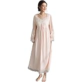 MusQiYu Women's Victorian Soft V-Neck Long Sleeve Nightgown, Loose Princess Nightdress Sleepwear Pajamas