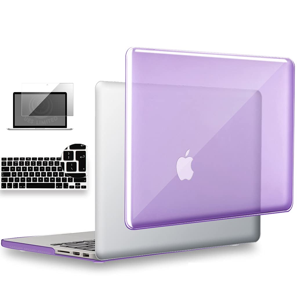UESWILL 3in1 Glossy Crystal Clear Hard Shell Case Cover Compatible with MacBook Pro 15 inch with Retina Display (Model: A1398) + EU/UK Version Keyboard Cover and Screen Protector, Purple