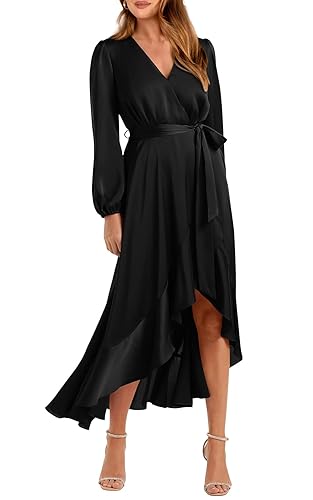 PRETTYGARDEN Womens Dresses 2023 Long Sleeve Satin High Low V-Neck