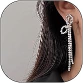 Long Rhinestone Bow Tassel Earrings for Women Sparkling Crystal Ribbon Bowknot Linear Dangle Earrings Minimalist Bow Dangling Earrings Prom Jewelry