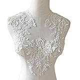 1 Pair Off-White Gold Fringe Lace Applique Motif Flower Embroidery Wedding Sewing Applique with Sequined Mirror Pair Bridal Lace Patch for Dress Gown