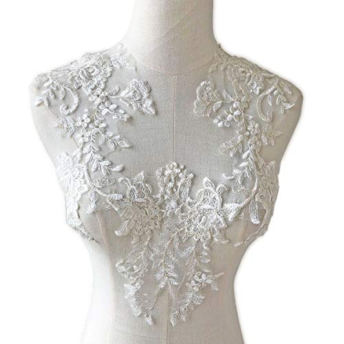 1 Pair Off-White Gold Fringe Lace Applique Motif Flower Embroidery Wedding Sewing Applique with Sequined Mirror Pair Bridal Lace Patch for Dress Gown