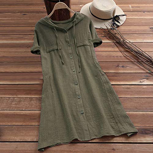 Aniywn Women Plus Size Cotton Linen Long Sleeve Hoodie Casual Button Long T-Shirt Blouse with Pocket