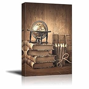 Canvas Wall Art - Vintage Style Stack of Books and Globe on Wooden Table | Modern Home Art Canvas Prints Gallery Wrap Giclee Printing & Ready to Hang - 12" x 18"
