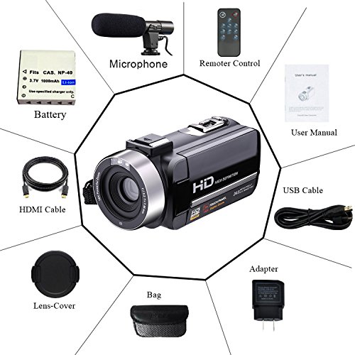 Camcorder Video Camera Full HD 1080p 30fps 24.0MP Camcorders With External Microphone Night Vision Camera Webcam 3” Touchscreen Digital Camcorder