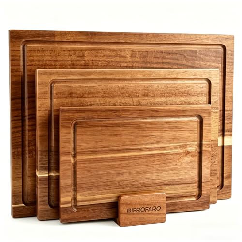 Bierofaro Acacia Wooden Chopping Boards with holder,Cutting Board Set of 3 for Kitchen,Reversible Meat Cutting Board Set with Handle,Butcher Block Wooden Trays for Meat,Fruit Vegetable and Cheese