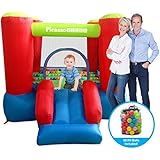 PicassoTiles KC106 8x7 Foot Junior Inflatable Bouncer, Jumping Bouncing House, Jump Slide Playhouse w/ 50 Pit Balls, 3 Sides Mesh Protection, and Heavy-Duty GFCI ETL Certified 385W Blower