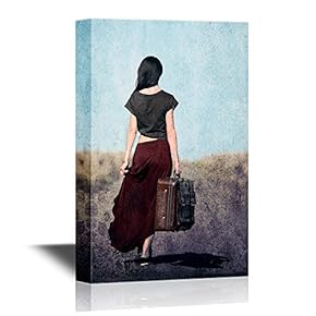 Redhead Girl with Suitcase at Countryside Road Near Wheat Field