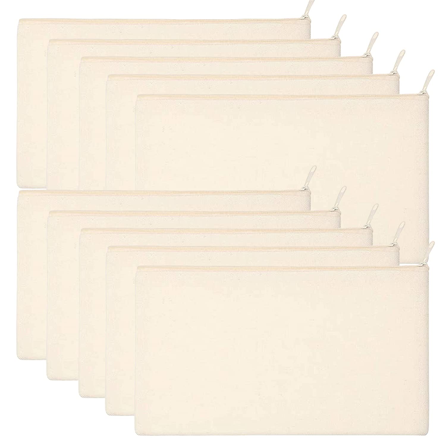 tarumedo Pack of 10 Blank Fabric Bags, DIY Pure White Canvas Pencil Case, Cosmetic Bag, Multi-Purpose for Painting, Crafting, Storage, Travel, Kids, Unisex, Zipper