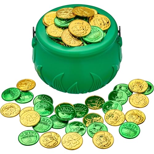 JOYIN 208 St Patrick’s Day Lucky Leprechaun Plastic Coins and 1 Large Green Cauldron with Handle Saint Patricks Pot of Gold Party Supplies