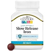 21st Century Slow Release Iron 45mg Tablets, Gentle on Stomach, 60 Count | High-Potency Ferrous Sulfate, Compare VS. Slow FE&reg; &amp; Healthy Red Blood Cells, Gluten Free, No Added Yeast, For Women &amp; Men