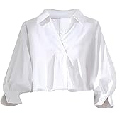 SweatyRocks Women's Collar V Neck Loose Blouses Bishop Half Sleeve Split Shirt Tops