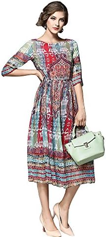 Dawnsnow Women's Casual Printed Scoop Neck Half Sleeve Chiffon Midi Dress (Tag XXL)