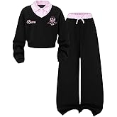 Yoxindax Girls 2-Piece Clothes 2 In 1 Collared V-Neck Sweatshirt Wide Leg Contrast Color Pants Winter 7-14Y Outfits Set