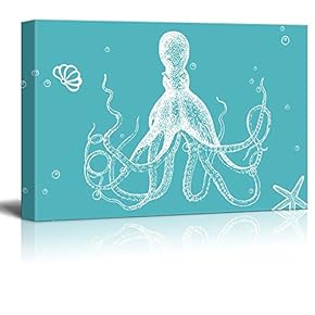 Canvas Wll Art - Octopus on Teal Ocean Themed Background - Giclee Print and Stretched Gallery Wrap | Modern Home Art Ready to Hang - 12"x18"