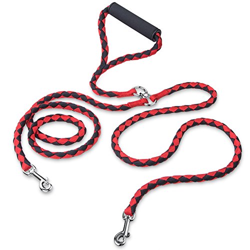 PETBABA Double Dog Leash, 4.6ft No Tangle Dual Rope Coupler, Heavy Duty 2 Way Lead Splitter with Soft Padded Handle, Walk Train Two Big Pet in Red