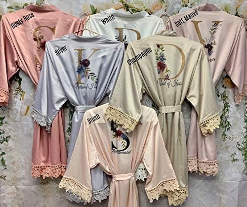 Women’s Satin Kimono Robe for Bridesmaid and Bride Wedding Party Getting Ready Short Robe Bridesmaid Robes Maid of Honor Robes Personalized Robe Wedding Robe Customized Floral Robe