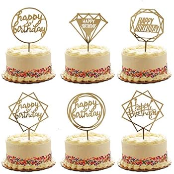 Gold Happy Birthday Cake Topper Acrylic Cupcake Topper Glitter Birthday Cake Supplies Party Event Decorations (6 pieces)