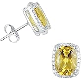 KOKAV 14K White Gold Genuine Yellow Beryl 2-1/2 Ct Diamond Cushion Earrings
