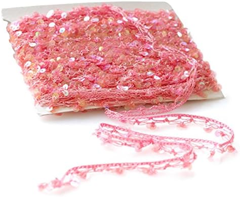 Neotrims Hand Crochet Sequins Viscose Fringe Ribbon Border Trimming Decoration By the Yard Wholesale Price or a Bargain 25-30 Meters Fringing Pack, Soft Dusky Pink with Transparent Pink Sequins, Stunning Crafts Item.