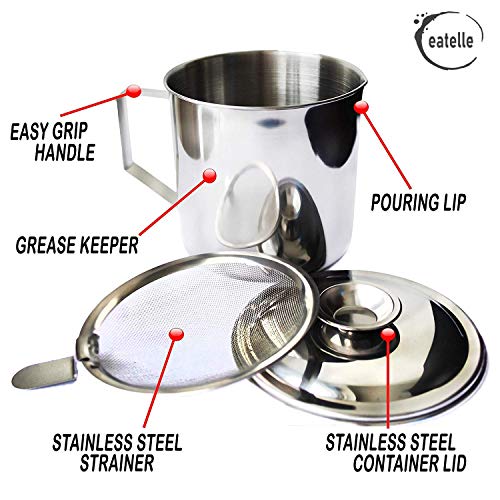 eatelle Cooking Oil Container and Bacon Grease Jar with Strainer
