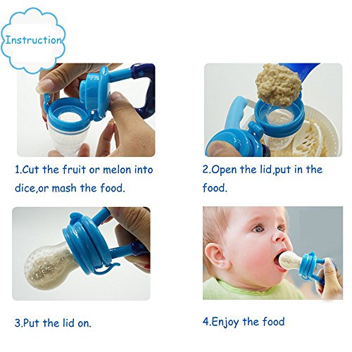 StarRoad Premium Child Baby Infant Food Feeder, Fresh Fruit Meat food Baby Teething Toy Training Teether Pacifier Safe Silicone Nipple Storage Container Feeding (M&L, Red&Yellow) - Thumbnail 5