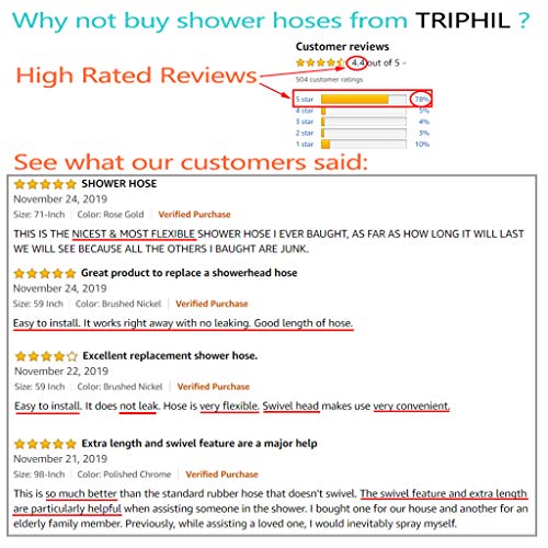 TRIPHIL Kink-free Shower Hoses Extra-long for Handheld Showerhead Hose Replacement Flexible Metal Shower Tube Extension Anti-twist 2 Brass Connectors Stainless Steel Sleeve Brushed Nickel 71 Inches
